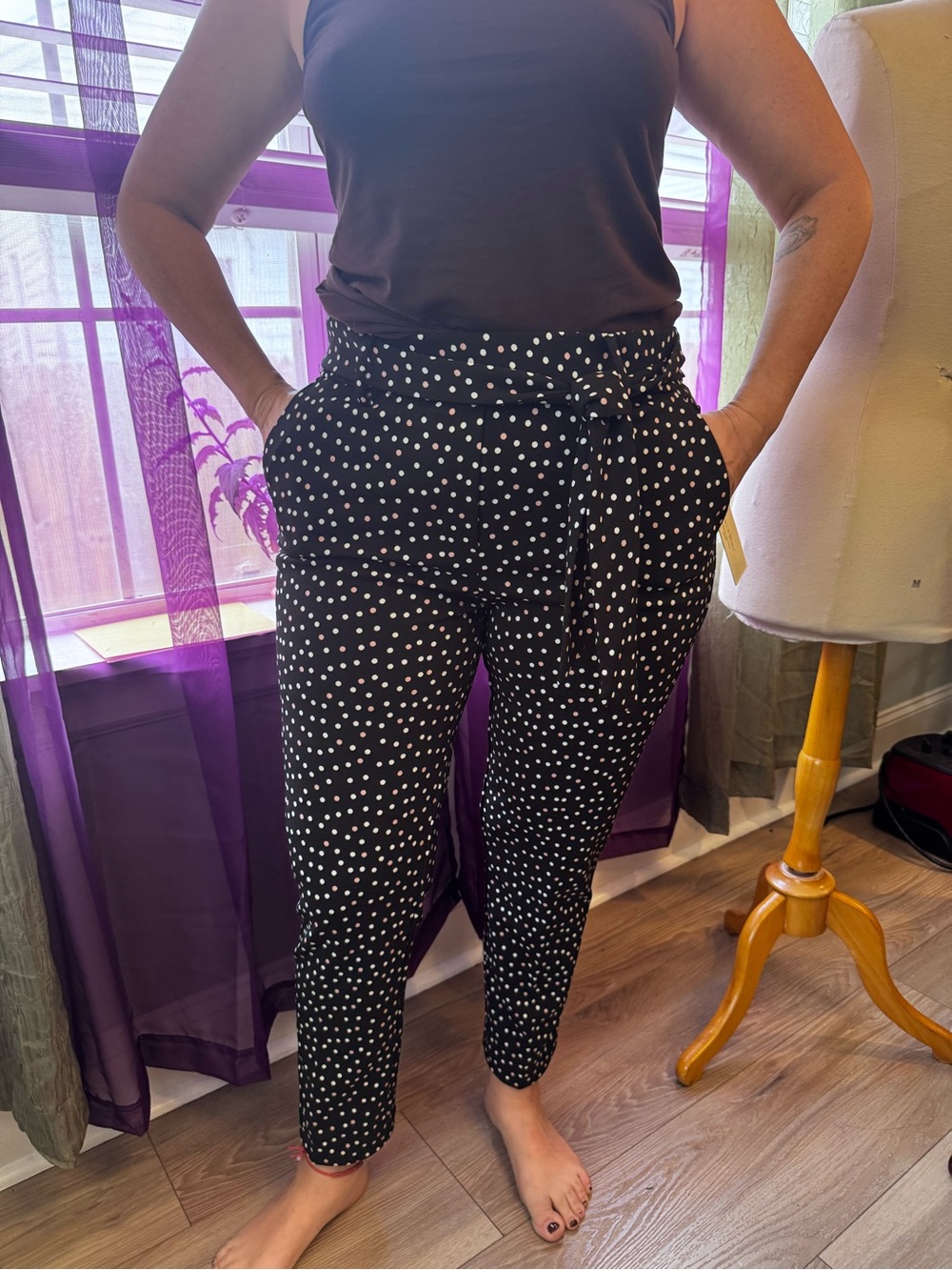 Black Polka Dot Tie-Waist Straight Leg Pants